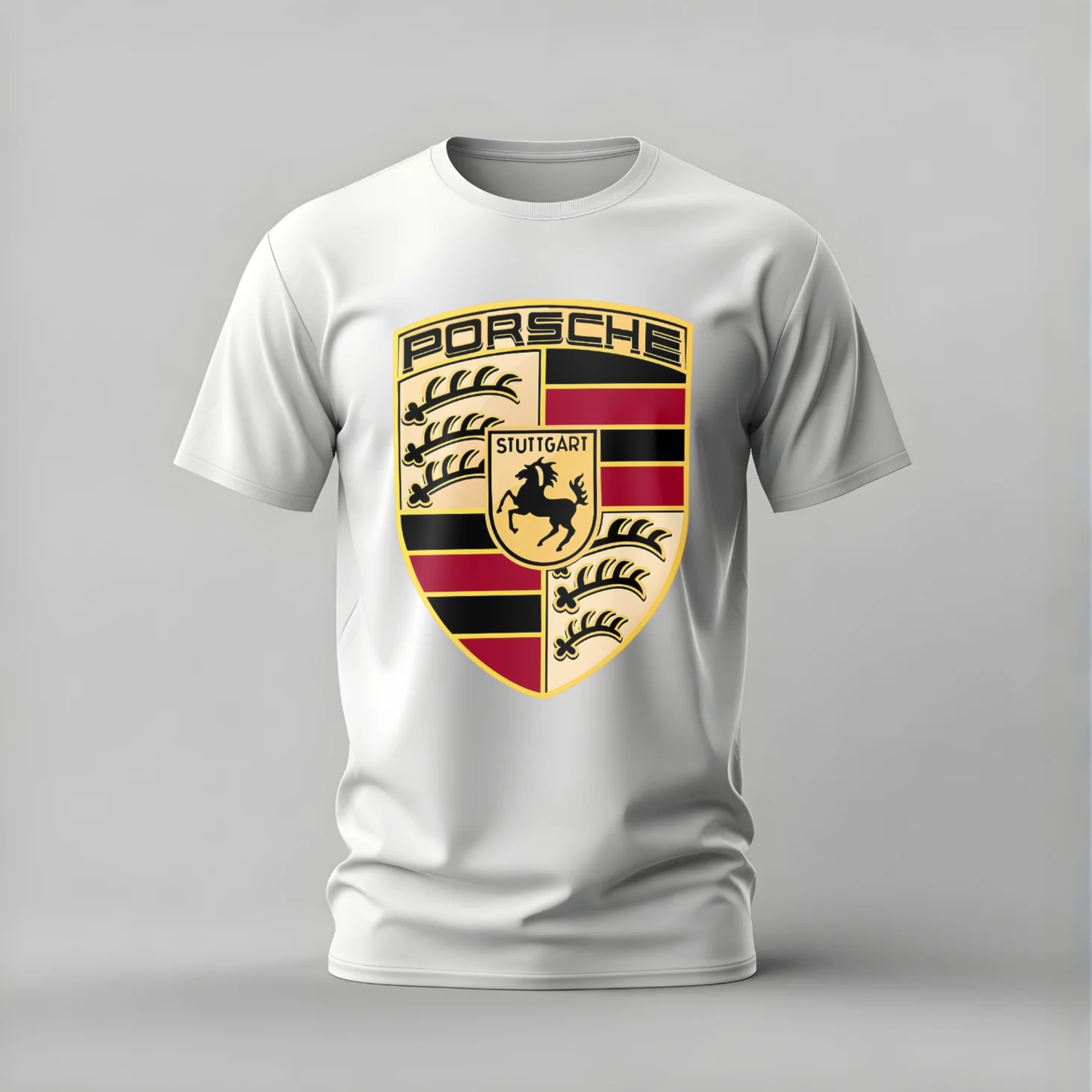 White t-shirt with Porsche logo on a gray background
