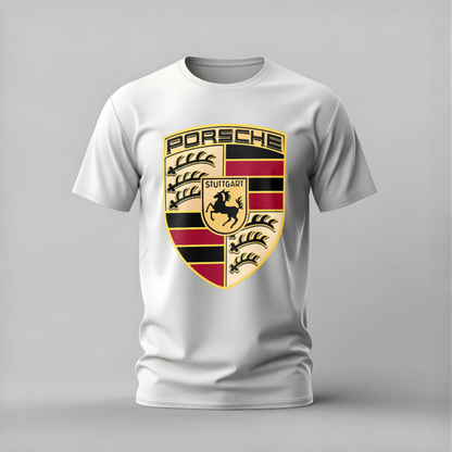White t-shirt with Porsche logo on a gray background