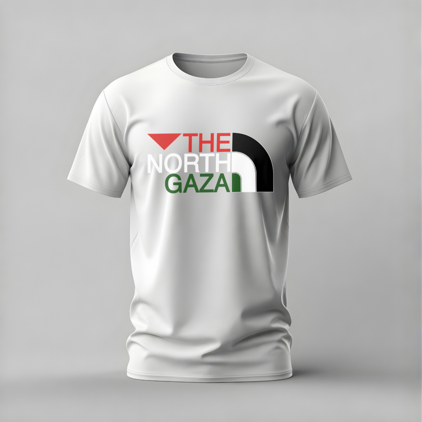 White t-shirt with 'The North Gazal' text design on a gray background