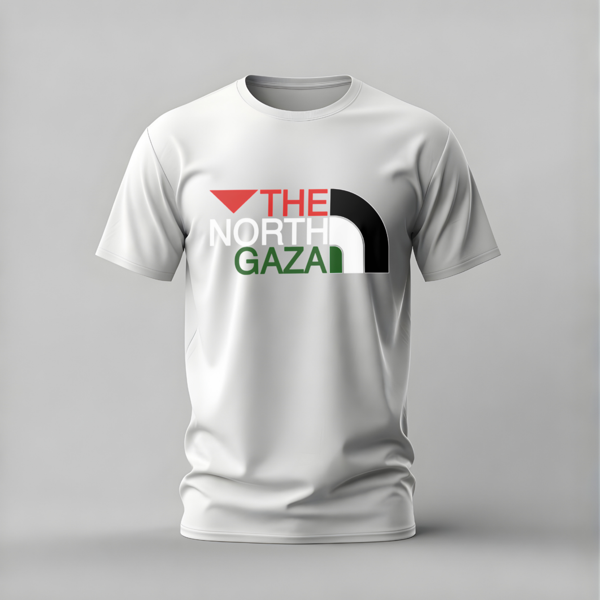 White t-shirt with 'The North Gazal' text design on a gray background