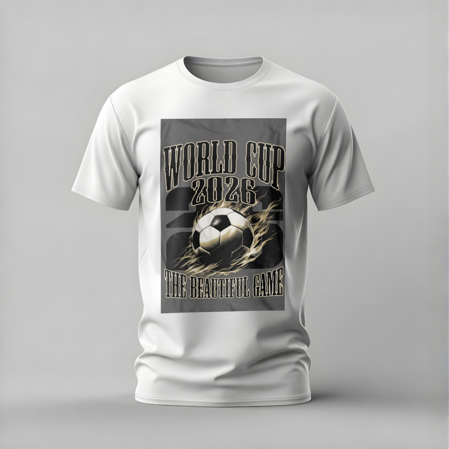 White t-shirt with World Cup 2026 graphic on a gray background