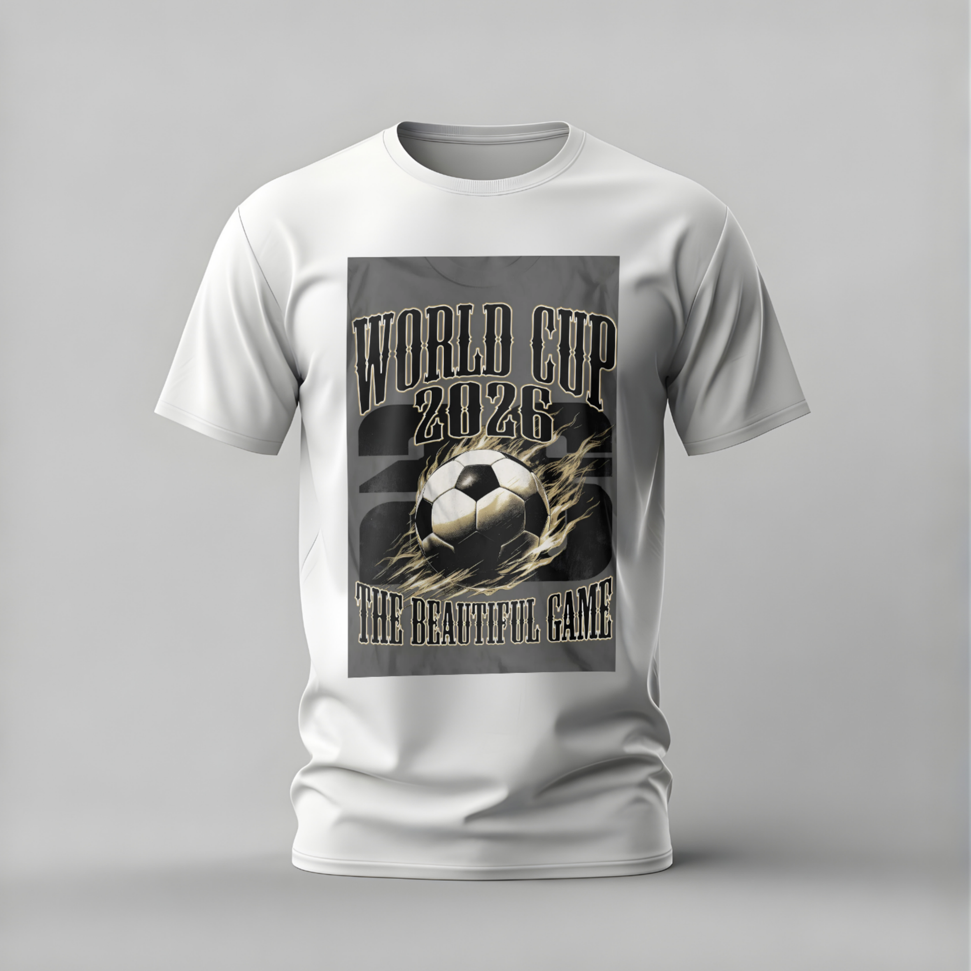 White t-shirt with World Cup 2026 graphic on a gray background