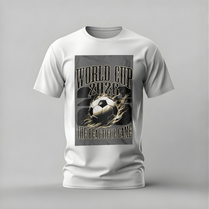 White t-shirt with World Cup 2026 graphic on a gray background