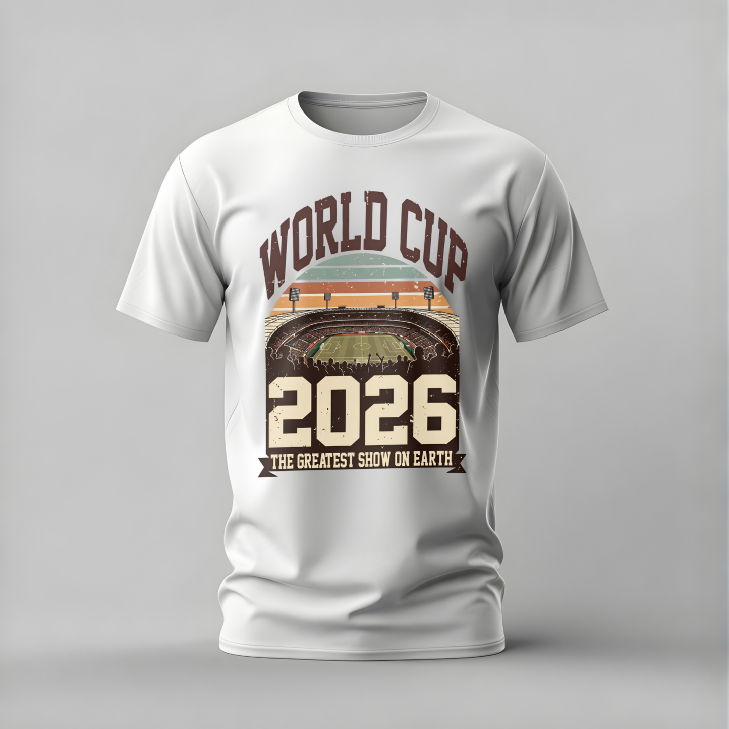 White t-shirt with World Cup 2026 graphic on a gray background