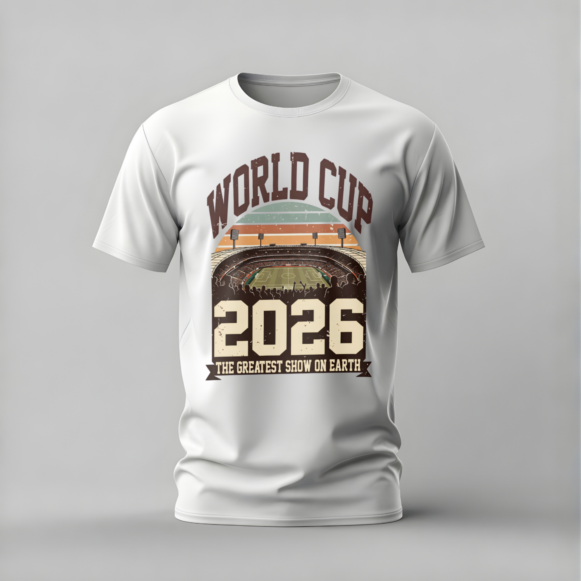 White t-shirt with World Cup 2026 graphic on a gray background