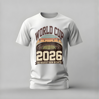 White t-shirt with World Cup 2026 graphic on a gray background