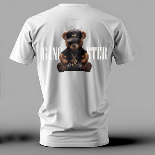 White t-shirt with a bear graphic and 'Gangster' text on a gray background