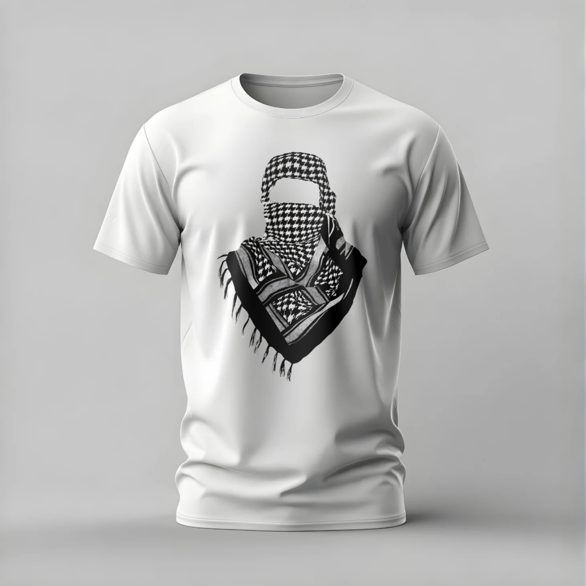White t-shirt with a black and white graphic design on a gray background