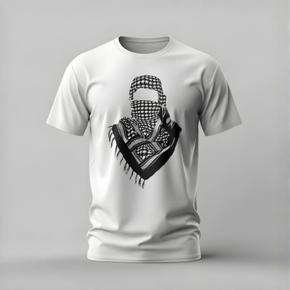 White t-shirt with a black and white graphic design on a gray background