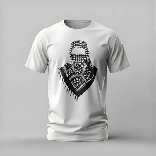 White t-shirt with a black and white graphic design on a gray background
