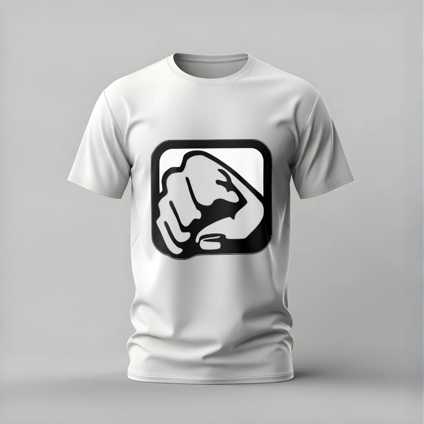 White t-shirt with a black and white graphic design on a gray background