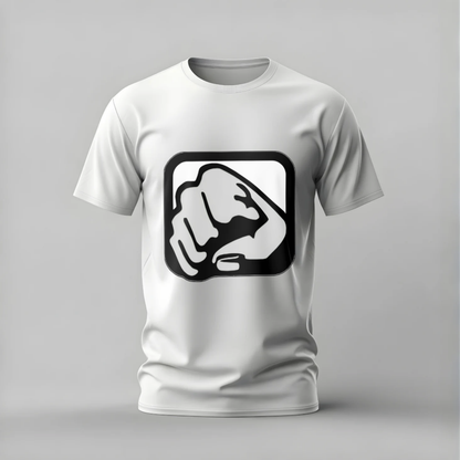White t-shirt with a black and white graphic design on a gray background