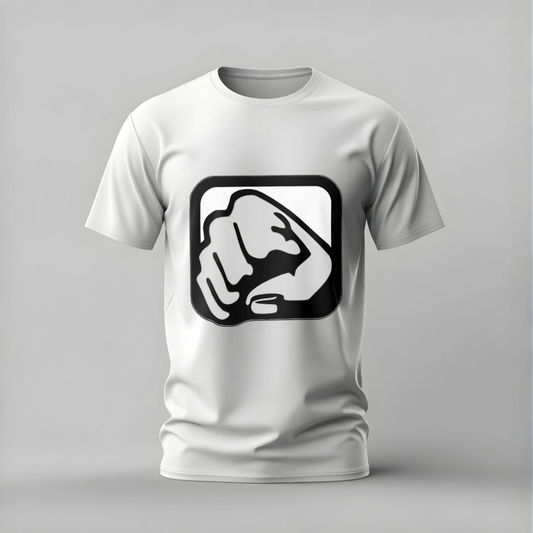 White t-shirt with a black and white graphic design on a gray background