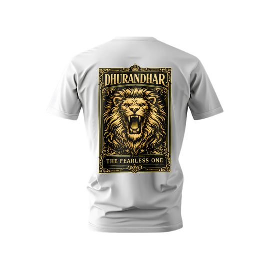 White t-shirt with a gold lion design and 'Dhurandhar' text on the back, on a white background