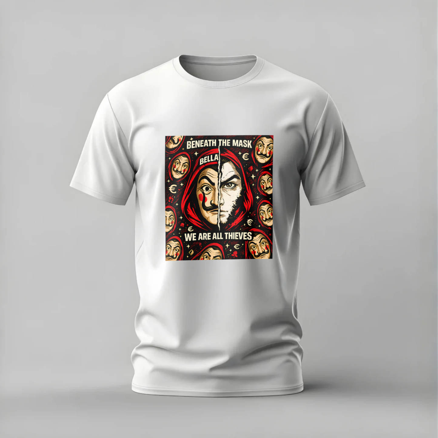 White t-shirt with a graphic design featuring a face and text on a gray background