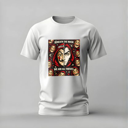 White t-shirt with a graphic design featuring a face and text on a gray background