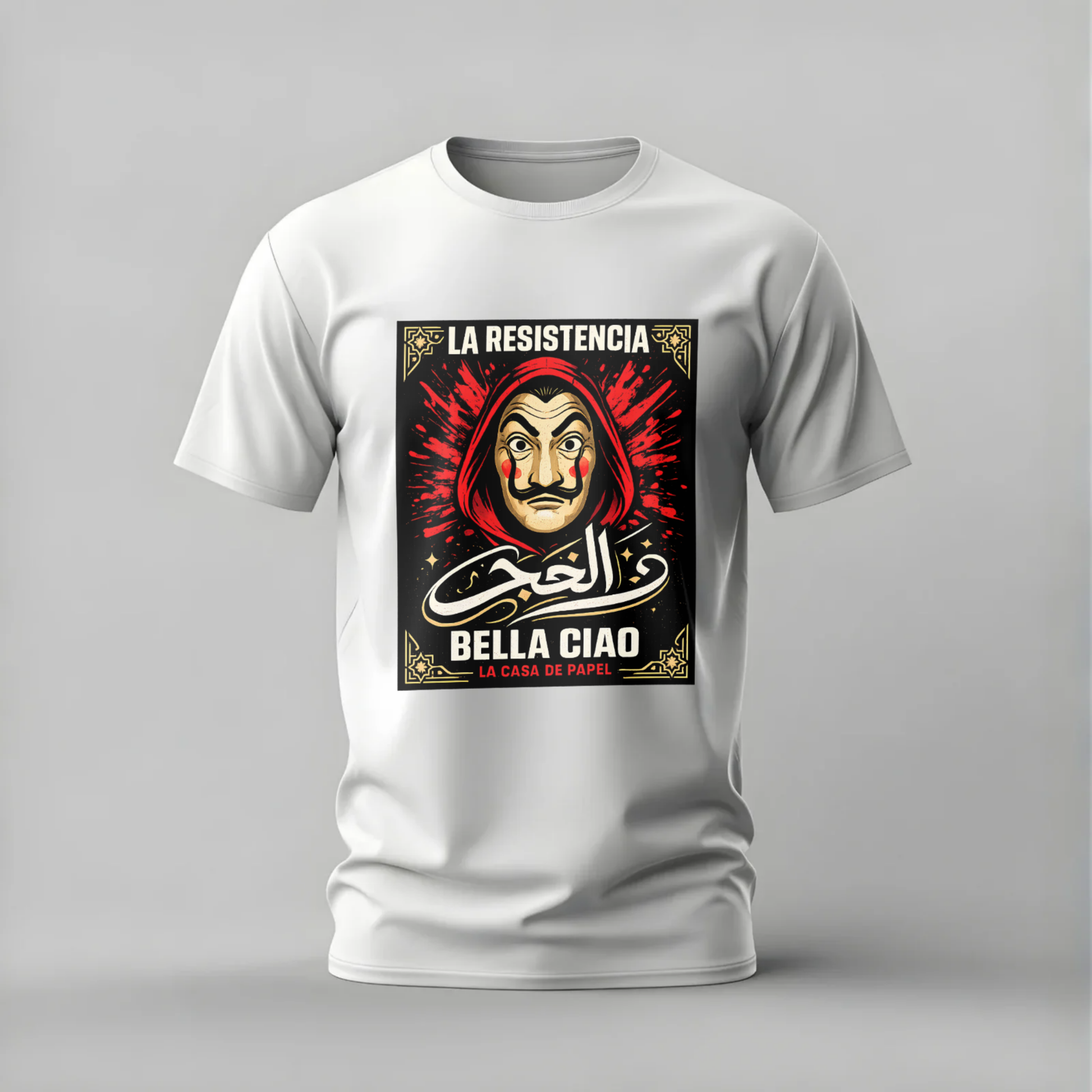 White t-shirt with a graphic design featuring a mask and text on a gray background