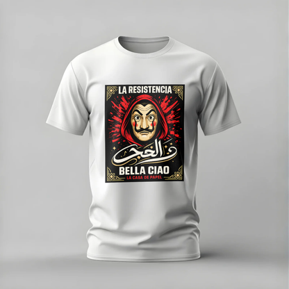 White t-shirt with a graphic design featuring a mask and text on a gray background