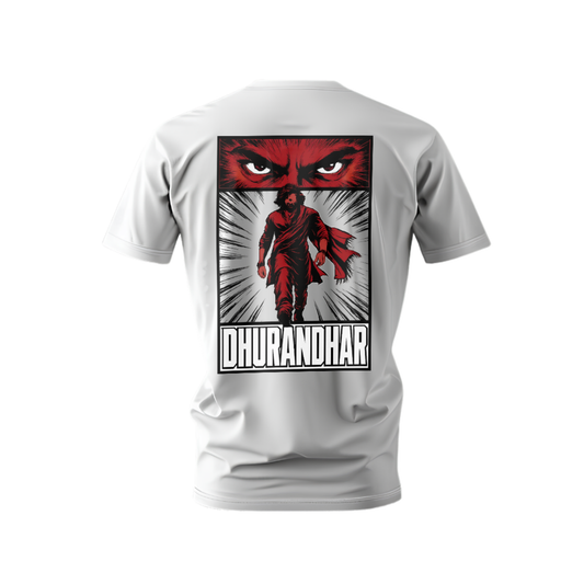 White t-shirt with a graphic design of a character in red and black on the back, with 'DHURANDHAR' text.