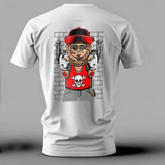 White t-shirt with a graphic design of a dog wearing sunglasses and a red shirt on the back, against a gray background.