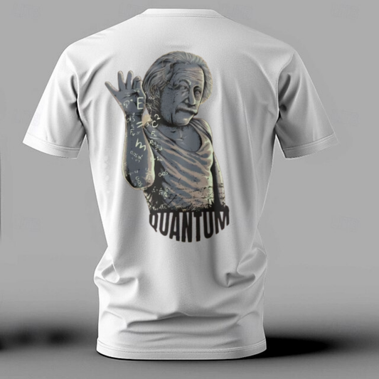White t-shirt with a graphic design of a historical figure and the word 'QUANTUM' on the back, against a gray background.