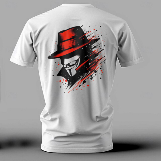 White t-shirt with a graphic design of a mask and top hat on the back against a gray background