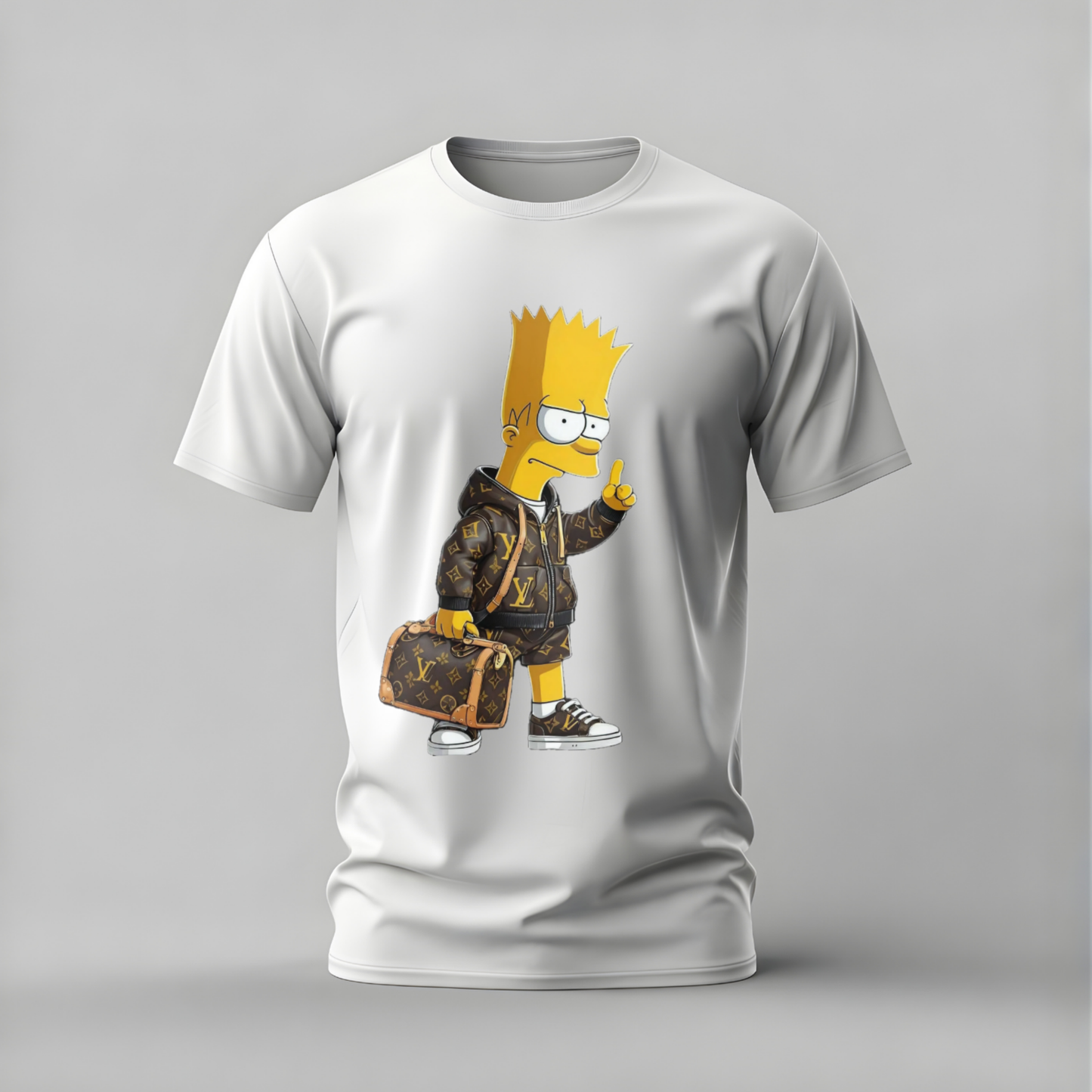White t-shirt with a graphic of a character holding a Louis Vuitton suitcase on a gray background