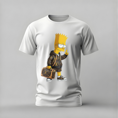 White t-shirt with a graphic of a character holding a Louis Vuitton suitcase on a gray background