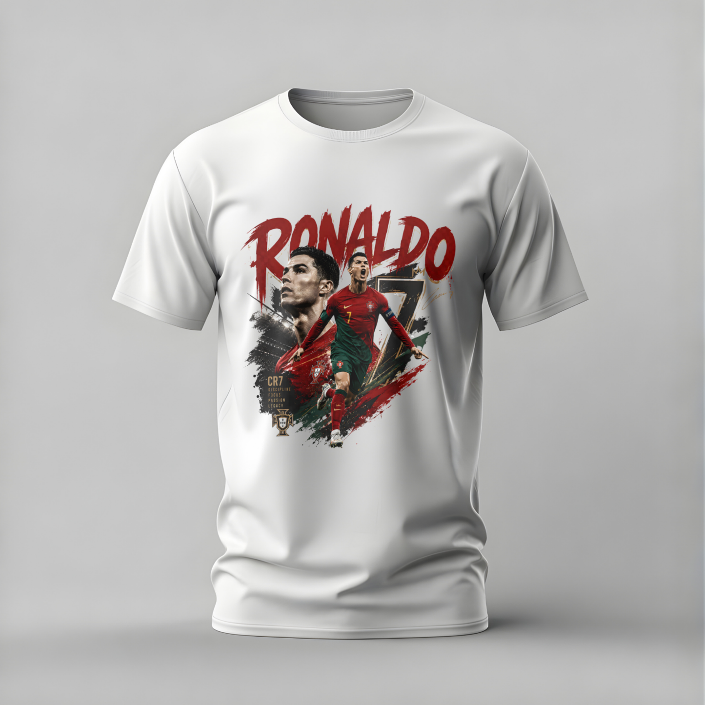 White t-shirt with a graphic of a soccer player and 'Ronaldo' text on a gray background