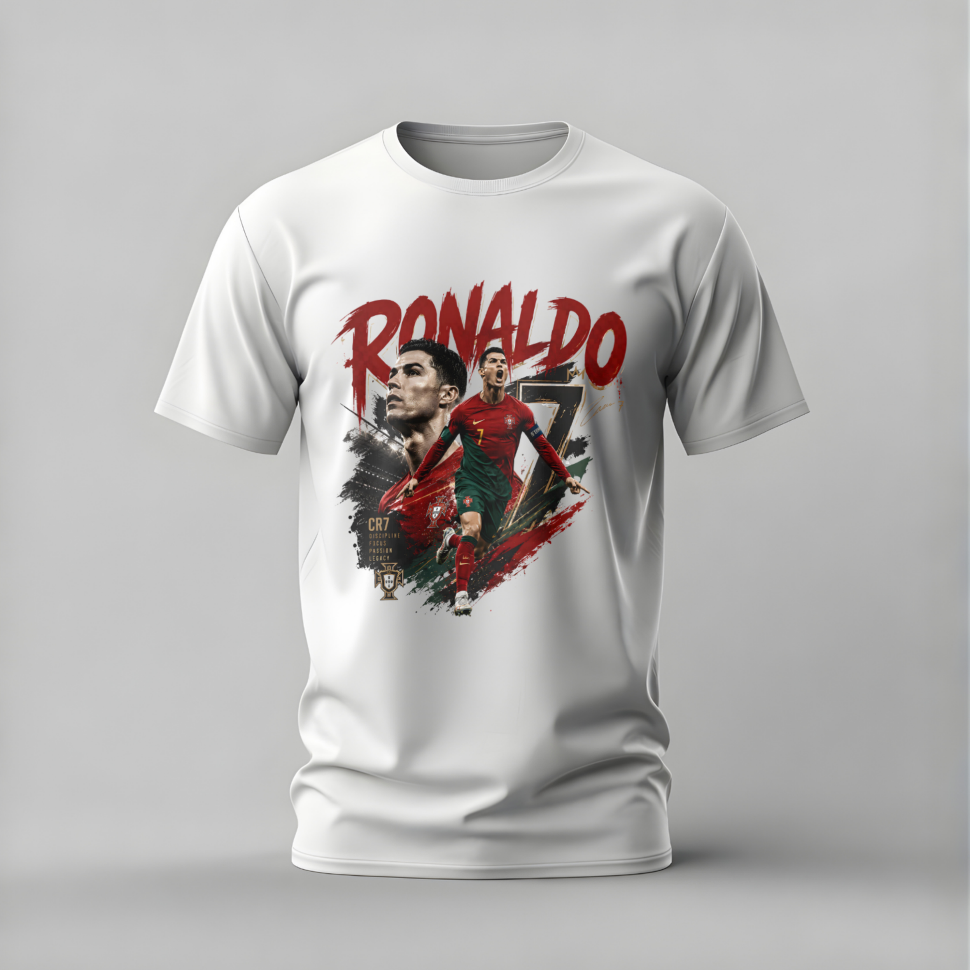 White t-shirt with a graphic of a soccer player and 'Ronaldo' text on a gray background