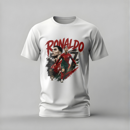 White t-shirt with a graphic of a soccer player and 'Ronaldo' text on a gray background