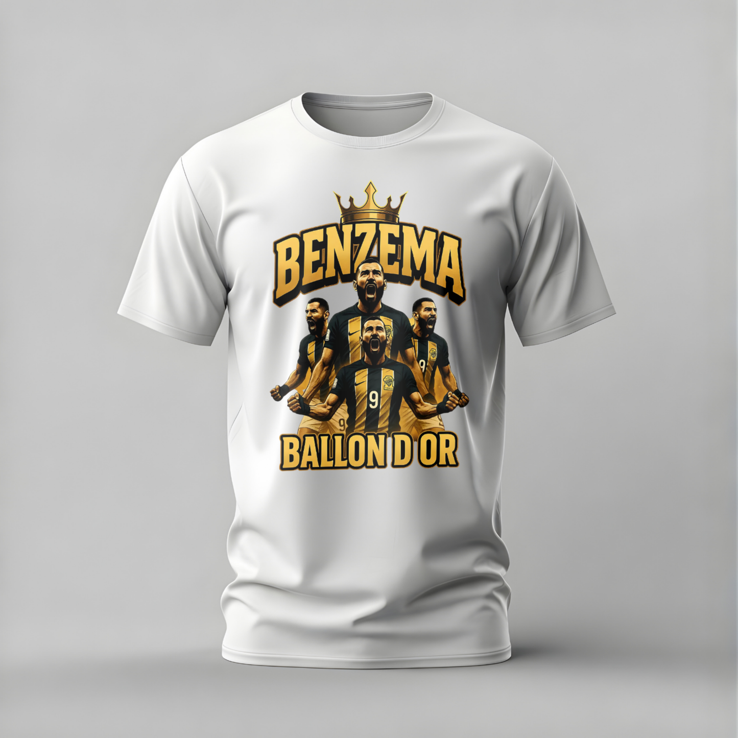 White t-shirt with a graphic of a soccer player and text on a gray background