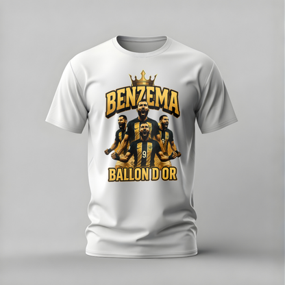 White t-shirt with a graphic of a soccer player and text on a gray background
