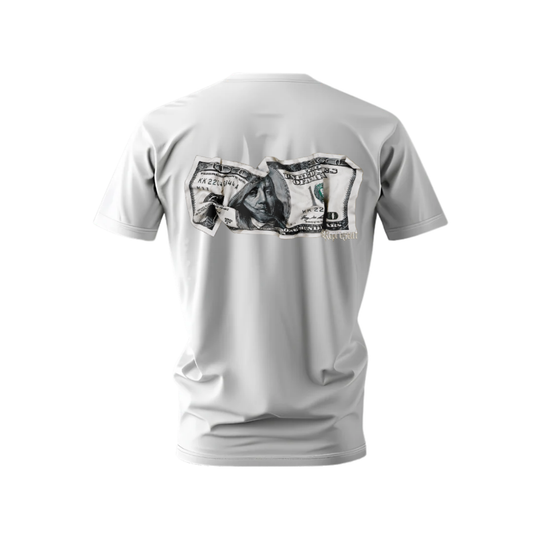 White t-shirt with a printed design on the chest against a white background
