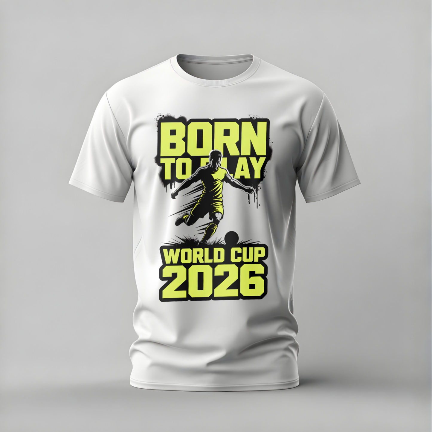 White t-shirt with a soccer-themed design on a gray background
