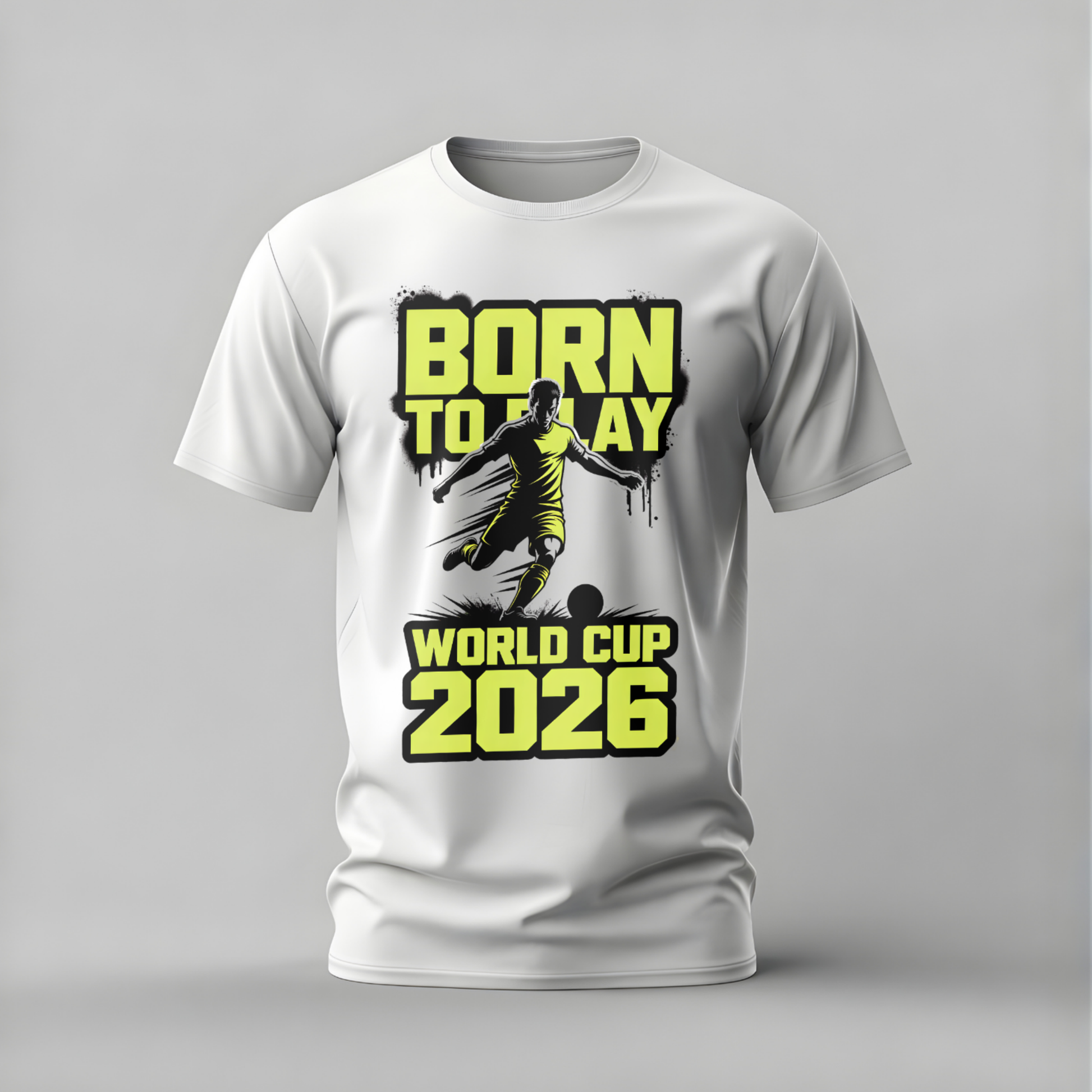 White t-shirt with a soccer-themed design on a gray background