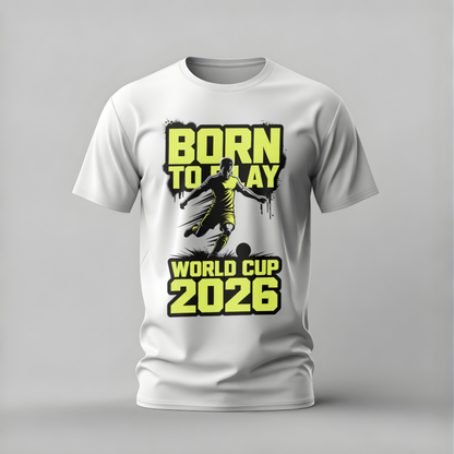 White t-shirt with a soccer-themed design on a gray background