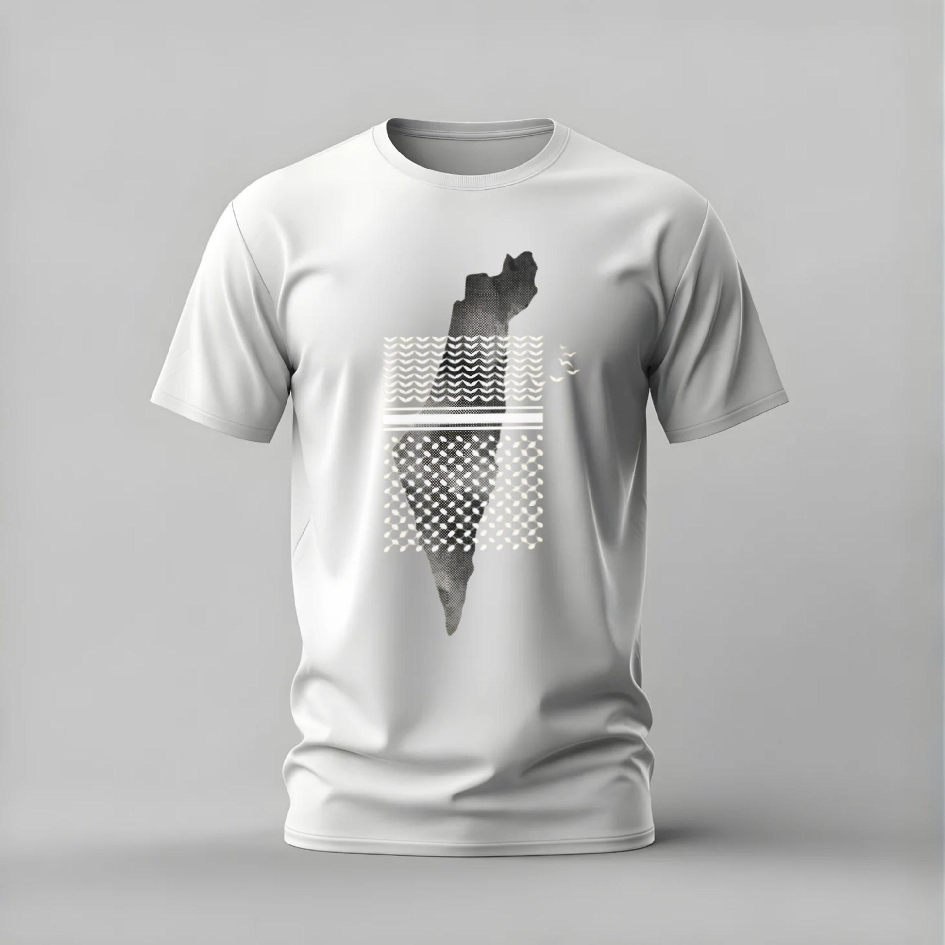 White t-shirt with black and gray graphic design on a gray background
