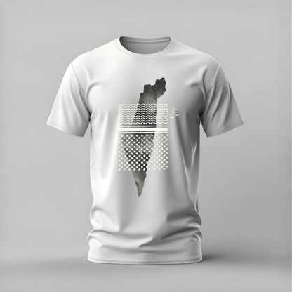 White t-shirt with black and gray graphic design on a gray background