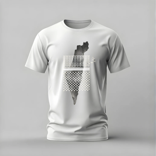 White t-shirt with black and gray graphic design on a gray background