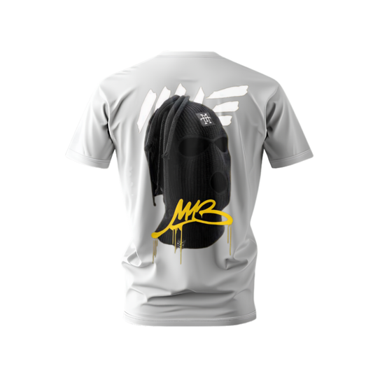 White t-shirt with black balaclava and yellow logo on a white background