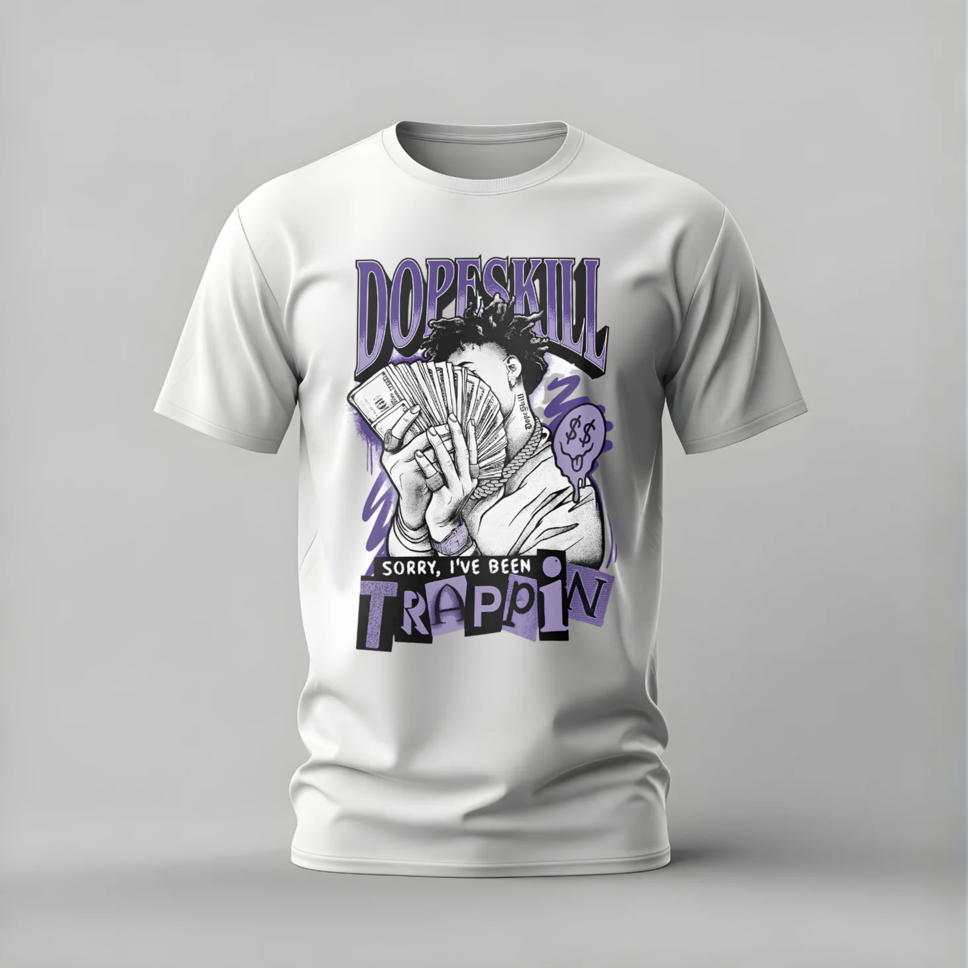 White t-shirt with graphic design and text on a gray background