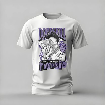 White t-shirt with graphic design and text on a gray background