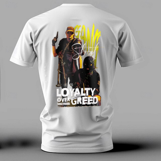 White t-shirt with graphic design on the back featuring two figures and text on a gray background