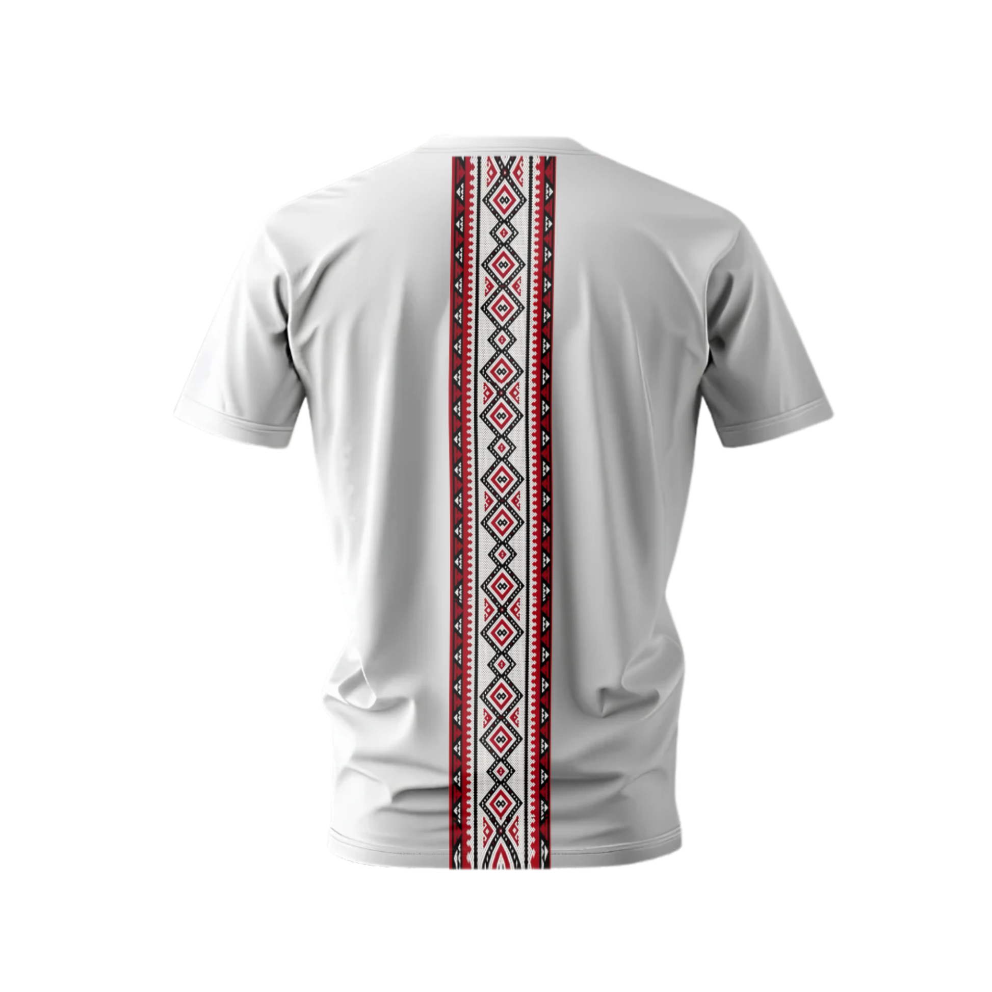 White t-shirt with red and black pattern on a white background