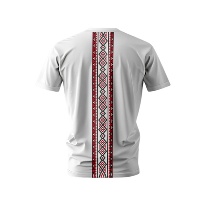 White t-shirt with red and black pattern on a white background
