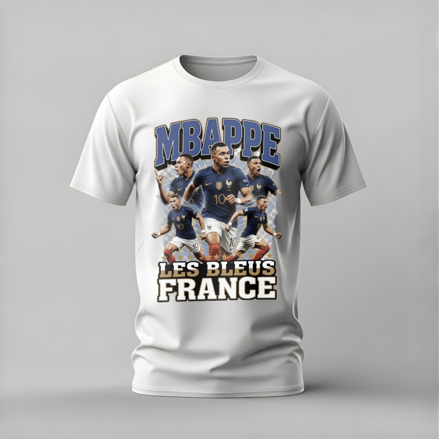 White t-shirt with soccer player graphic and text on a gray background