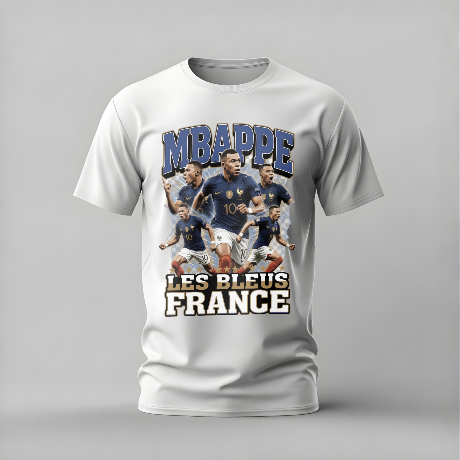 White t-shirt with soccer player graphic and text on a gray background