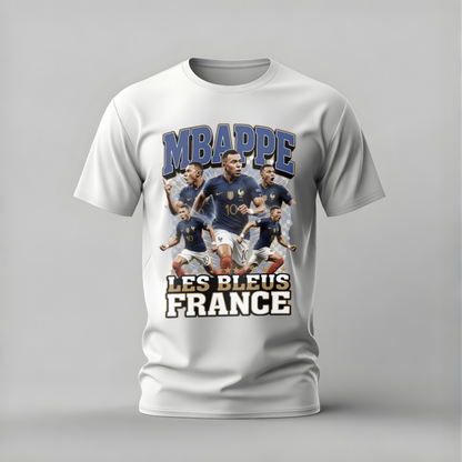 White t-shirt with soccer player graphic and text on a gray background