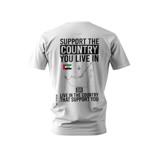 White t-shirt with text and map design on the back, on a white background